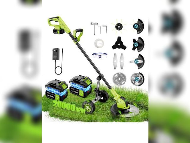 Lot 96-170589 - 20000 RPM Electric Weed Wacker with Wheel, 2 * 3000mAh Battery, 5 Blade, 12″ Brushless Cordless 4-in...