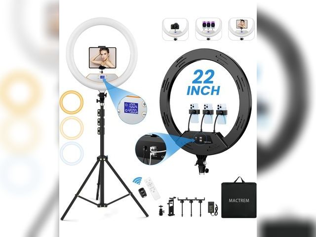 Lot 96-163469 - 22'' Ring Light with 75'' Tripod Stand, LED Display/2 USB Ports/6500K Dimmable Ring Light for ipad P...