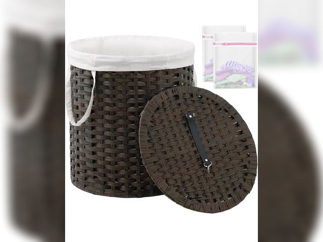 Lot 96-170362 - Laundry Hamper with Lid Wicker Laundry Hamper Round 26.5 Gal (100 L) Laundry Basket Handwoven Rattan...