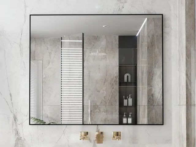 Lot 96-183632 - 42 in. W x 36 in. H Rectangle Aluminum Alloy Framed Wall Mounted Bathroom Vanity Accent Mirror in Bl...