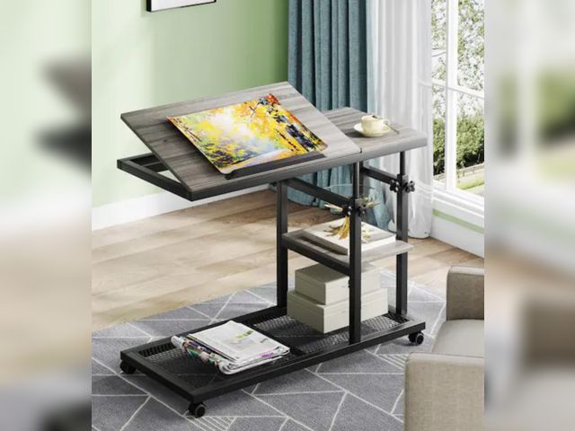 Lot 96-197712 - 31.5 in. Mobile Gray Height Adjustable C-Shaped Table Particle Board End Table with Wheels and Stora...