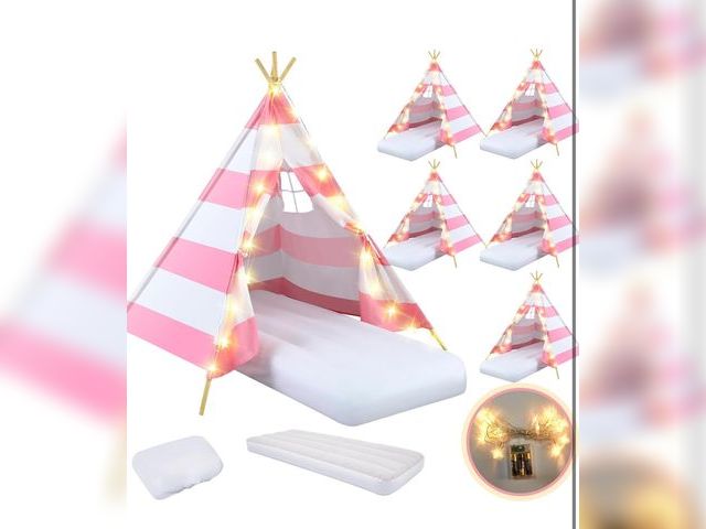 Lot 96-180501 - 6 Pack Sleepovers Teepee Tent for Kids Bulk with Mattress Sheet Light,Natural Cotton Washable Indoor...