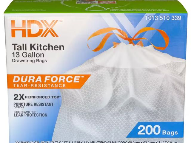 Lot 96-181884 - HDX Tall Kitchen 13 Gallon Drawstring Bags
Open Package 
Quantity Unknown 
Some dirt marks on bag