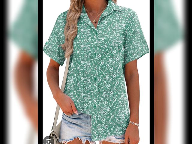 Lot 96-201309 - Hotouch Linen Button Down Shirt Women Roll-Up Cuffed Short Sleeve Blouses V Neck Collared Shirts Sum...