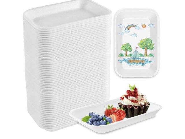Lot 96-230657 - Akamino 60pcs Crafts Foam Trays, Rectangle Fruit BBQ Roast Meat Food Tray,Disposable Foam Plates for...