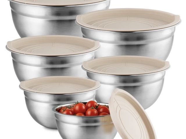 Lot 96-230971 - NULAS 6-Piece Stainless Steel Mixing Bowl Set with Lids, Nesting Metal Bowls for Kitchen – 4.5/3/2.5...