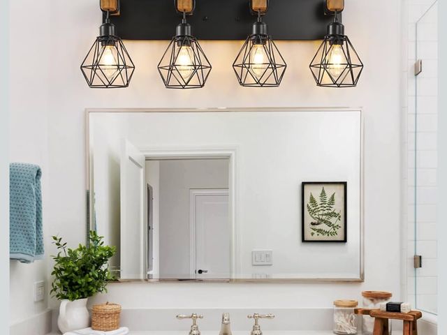 Lot 96-176915 - 4 Light Farmhouse Vanity Light for Bathroom, Wood Bathroom Vanity Light Fixtures Over Mirror, Rustic...