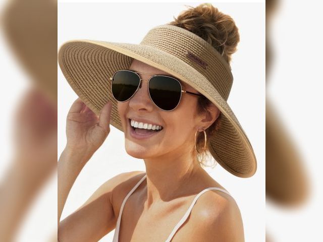 Lot 96-230910 - FURTALK Womens Sun Hat with Ponytail Hole Wide Brim Beach Straw Visor Foldable &amp; Packable for Be...
