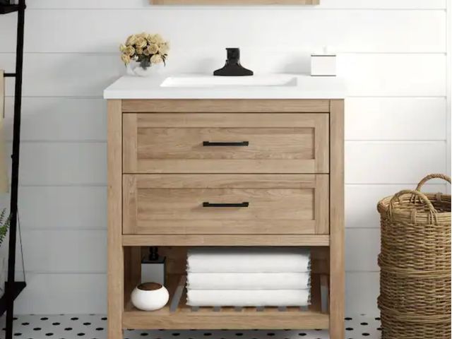 Lot 96-191730 - Home Decorators Collection
Autumn 30 in. Single Sink Weathered Tan Bath Vanity with White Engineered...