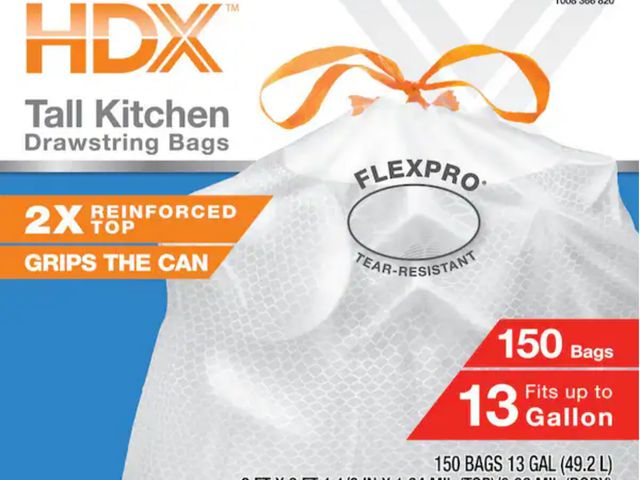 Lot 96-211818 - HDX
FlexPro 13 Gal. Reinforced Top Drawstring Kitchen Trash Bags with 10% PCR (150-Count)
Open box 
...