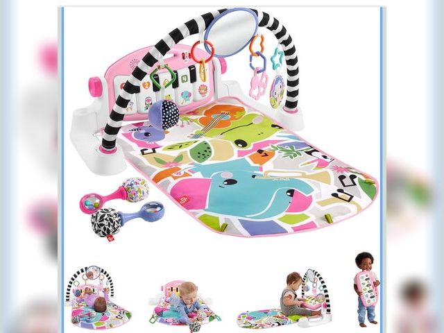 Lot 96-198013 - Fisher-Price Baby Musical Toy Set Glow and Grow Kick &amp; Play Piano Gym Pink Playmat with 2 Rattle...