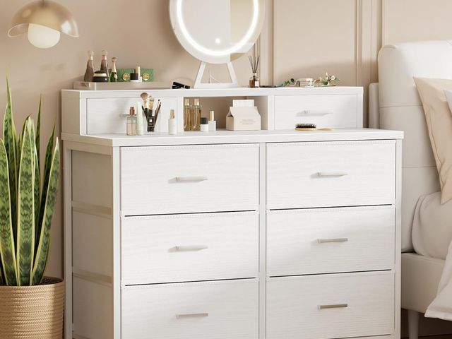 Lot 96-180854 - BOLUO Modern White 6 Drawer Fabric Dresser with Lighted Mirror, Charging Station &amp; Adjustable Fe...