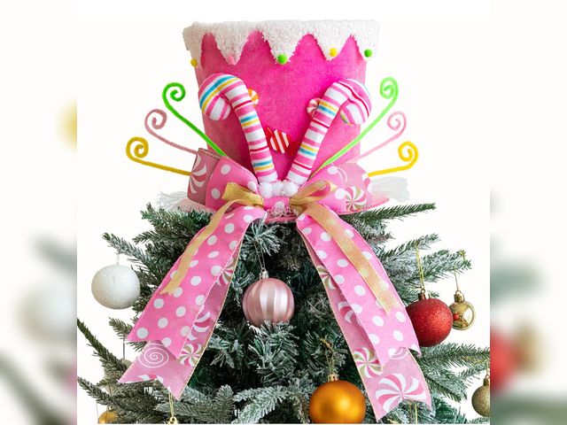 Lot 96-227661 - Christmas Tree Topper Hat, Candy Canes Tree Topper, Pink Tree Topper Christmas Decorations with Bow ...