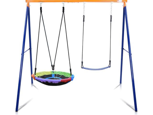 Lot 96-176551 - Swing Set for Backyard, 440lbs Swing Set with Heavy-Duty A-Frame Metal Stand, 1 Saucer Swing Seat &a...