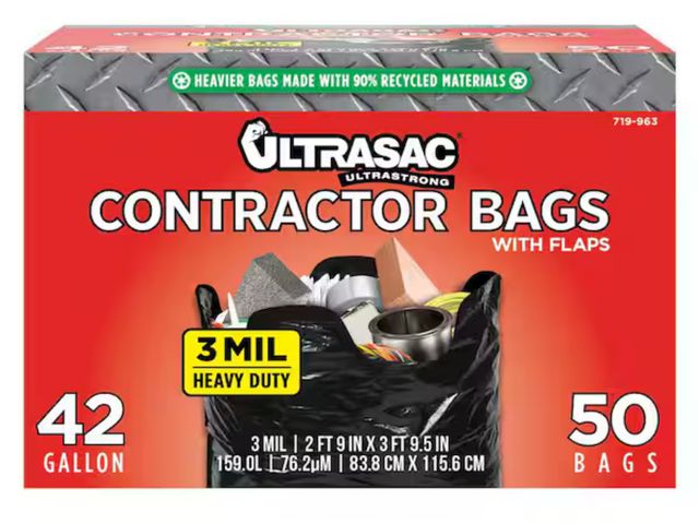 Lot 96-162828 - Ultrasac
42-Gallon Heavy Duty Contractor Bag with Flaps 

Appears Unused may be missing few bags , b...