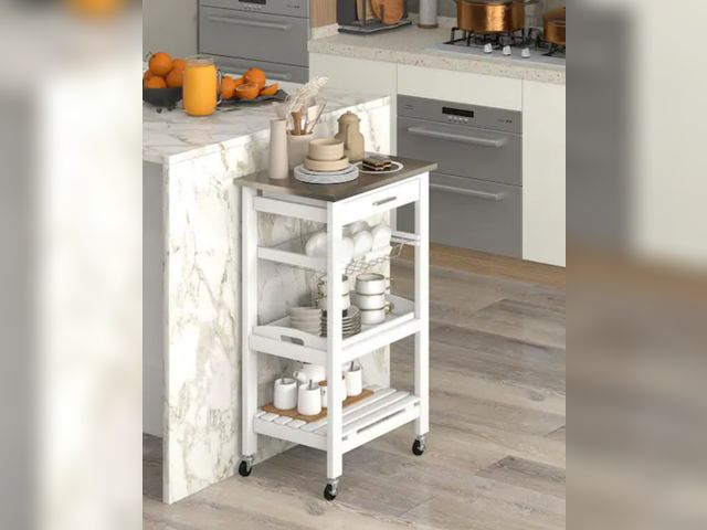 Lot 96-198217 - Costway
White Compact Island Kitchen Cart Rolling Service Trolley with Stainless Steel Top Basket
Ne...