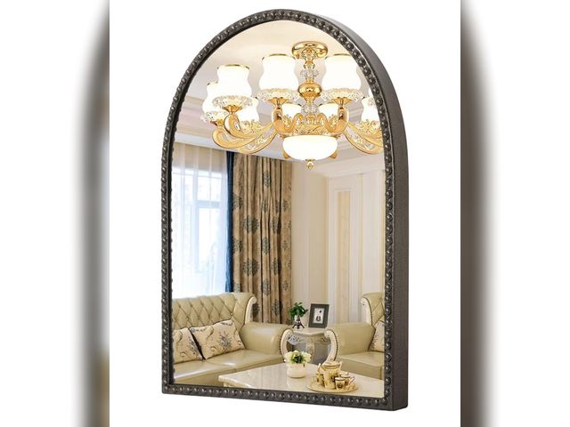 Lot 96-180195 - Large Arched Mirror for Wall, 36"x24" Brass Arch Bathroom Vanity Mirror, Retro Metal Beaded Frame De...