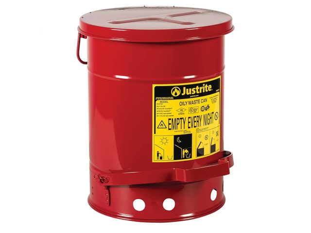 Lot 96-164205 - Justrite 6 Gallon Galvanized Steel Oily Waste Can, 16" x 12" Metal Oil Rag Safety Can with Quiet Foo...