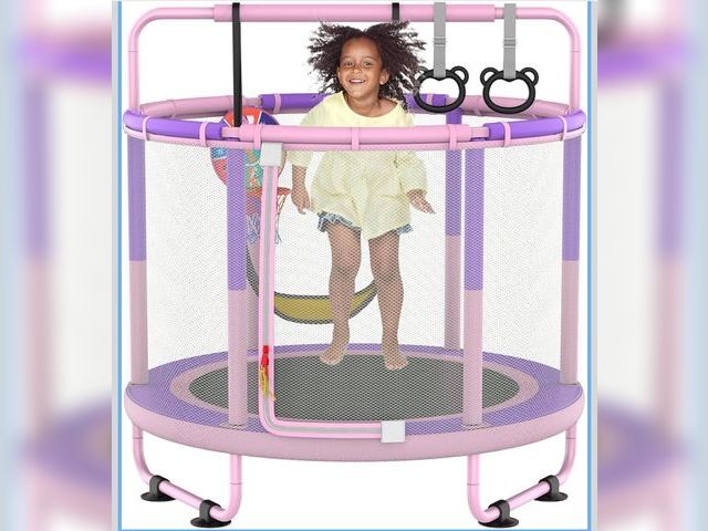 Lot 96-177326 - LANGXUN 60" Trampoline for Kids, 5ft Toddler Mini 6-in-1 Trampoline Indoor Outdoor with Swing, Baske...