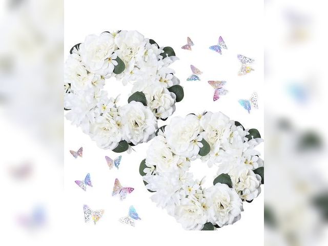 Lot 96-221768 - Artificial Flower Candle Rings - 6 Inch Inner Rose Floral Wreaths with Butterflies for Wedding Brida...