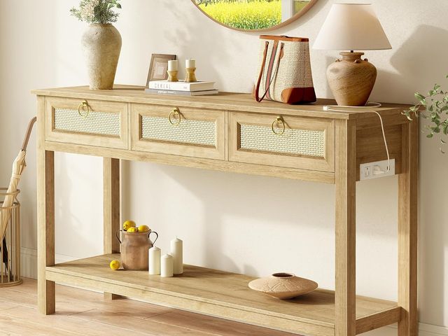 Lot 96-180862 - SUPERJARE Rattan Console Sofa Table with Outlets and USB-C Port, 3 Drawer Entryway Table with Synthe...