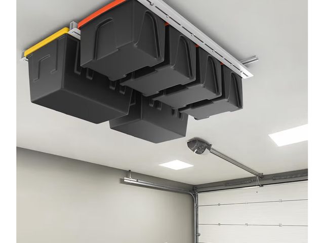 Lot 96-181068 - TORACK Garage Ceiling Bin Storage Rack, Overhead Tote Storage Rail System Heavy Duty Adjustable Tote...