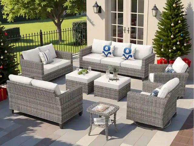 Lot 96-161273 - OVIOS
New Star Gray 6-Piece Wicker Patio Conversation Seating Set with Gray Cushions and Swivel Chai...