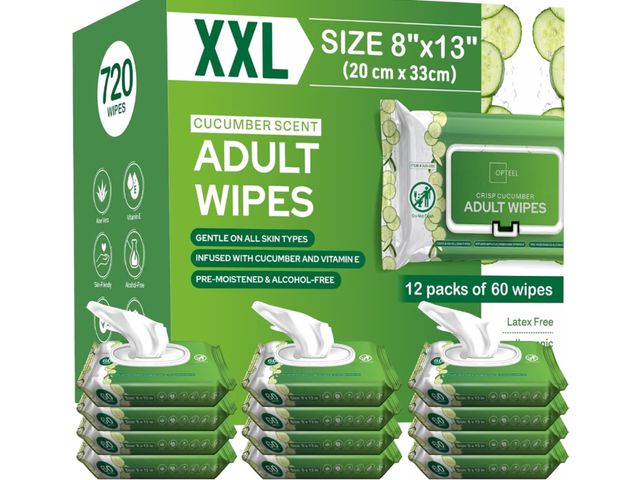 Lot 96-232493 - OPTEEL Wipes for Adults - Extra Large 8x13, Scented, Pre- Moistened, 720ct Rinse-Free, Super Soft, A...