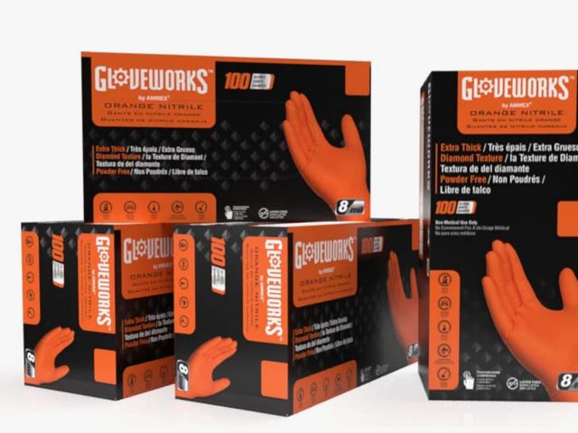Lot 96-181202 - GLOVEWORKS Heavy-Duty Nitrile Gloves, Disposable, Latex Free, 8 Mil, Orange, Diamond Grip Glove 
Siz...