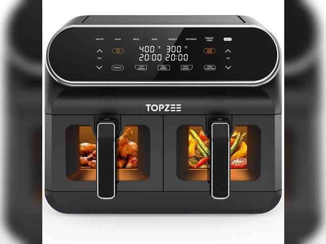 Lot 96-189970 - Topzee 8QT Dual Basket Air Fryer – Large 8-Quart Air Fryer with Independent Temperature Control, 8 P...