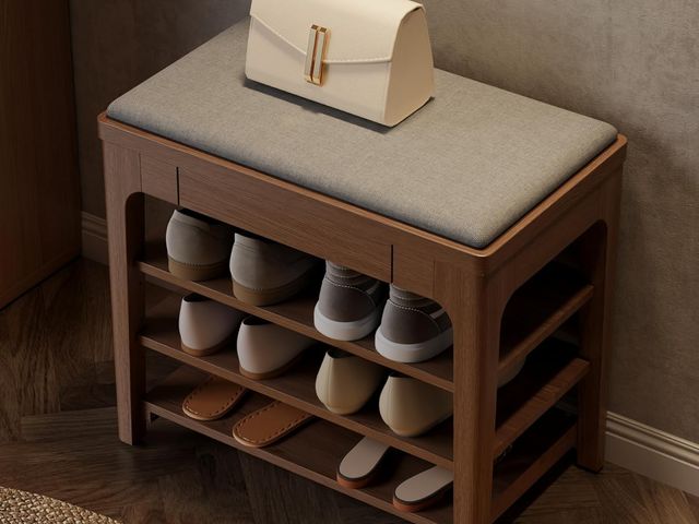 Lot 96-164345 - Small Shoe Bench with Storage, Wooden Shoe Storage Bench with Cushion&amp;Hidden Drawer, 3-Tier Shoe...