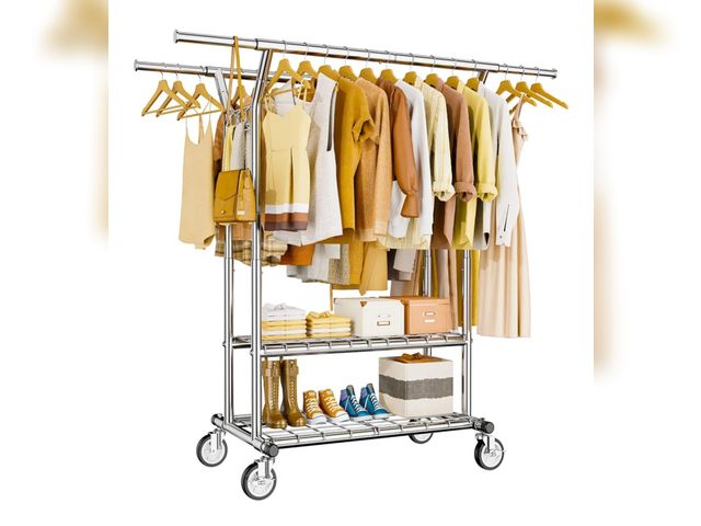 Lot 96-175999 - Rolling Clothing Rack With Shelves Double Rod Clothing Racks for Hanging Clothes, Portable&amp; Adju...