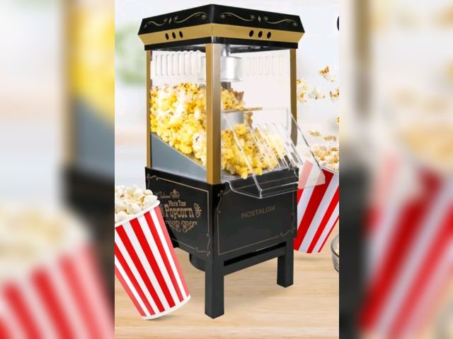Lot 96-230831 - Nostalgia Hot Air Popcorn Maker, 12-Cup Countertop Popcorn Machine with Measuring Cup, Black Open bo...