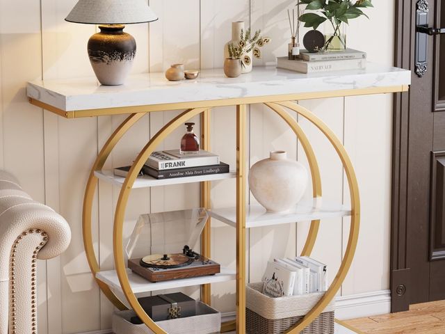 Lot 96-177869 - 41.3" Console Table for Entryway, Industrial Hallway Sofa Table with Storage Shelves, Narrow Accent ...