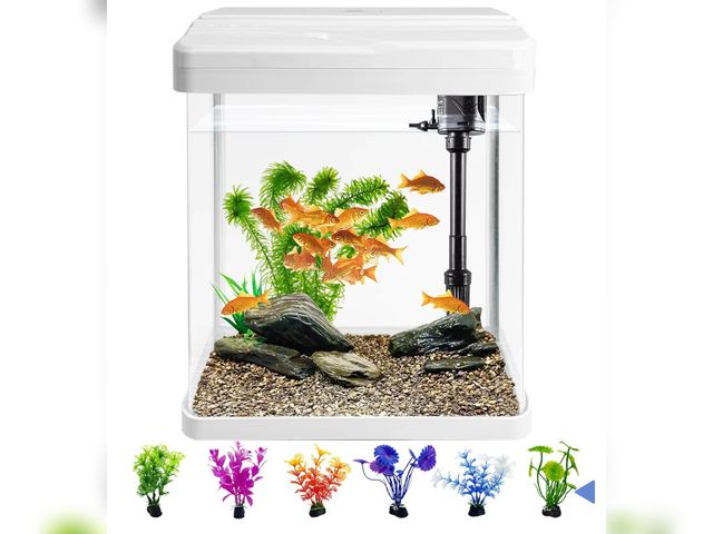 Lot 96-166043 - PINVNBY Small Fish Tank, 2 Gallon Glass Aquarium Starter Kits with 6 PCS Plastic Plants, Betta Fish ...