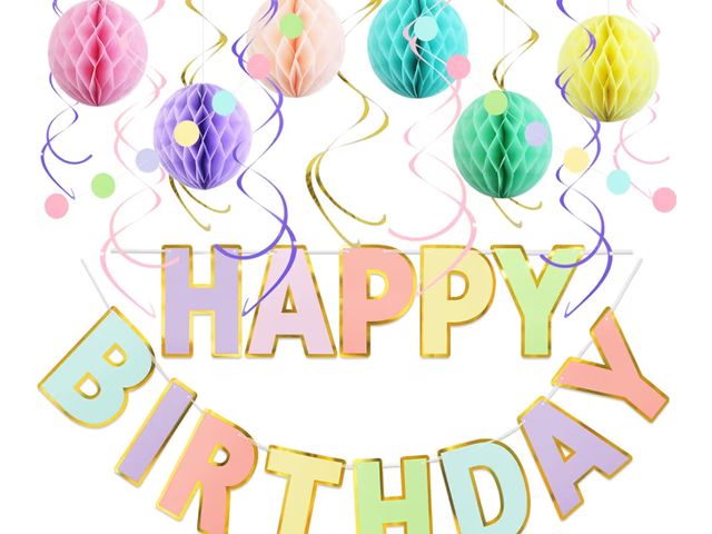 Lot 96-193500 - Case of Many Packs of LITAUS Pastel Birthday Decorations Kit - 17-Piece Set with Pre-Strung Happy Bi...