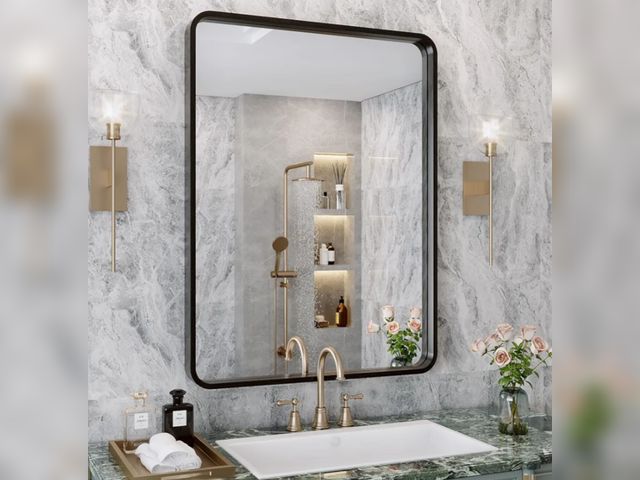 Lot 96-213107 - Abelockand 22" x 30" Black Rectangle Matte Black Metal Framed Bathroom Mirror, Wall Mounted Black Va...