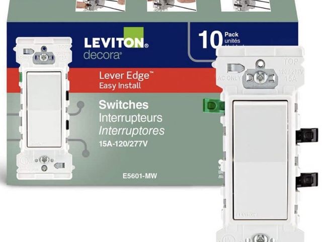 Lot 96-212168 - Leviton Decora Lever Edge Easy Install 15
Amp 120/277-Volt Single Pole Switch, White (10-Pack) E5601...