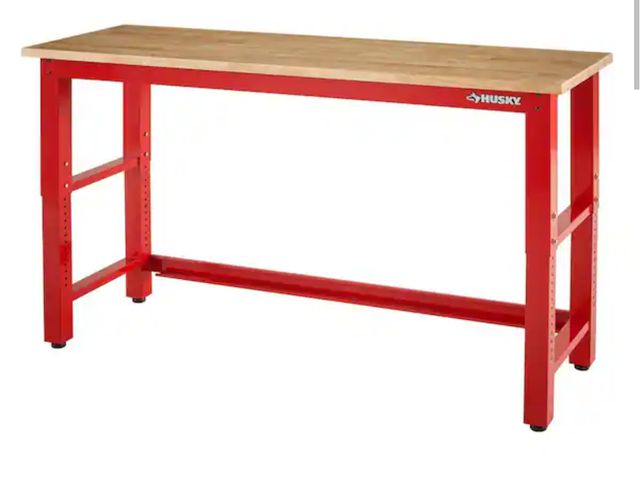 Lot 96-166014 - Husky 
Ready to Assemble 72 in. W x 24 in. D Adjustable Height Red Workbench with Solid Wood Top New...