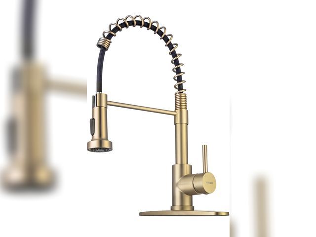 Lot 96-212209 - WEWE Brushed Gold Kitchen Faucet with Pull Down Sprayer, RV Brass Kitchen Faucet Stainless Steel Sin...
