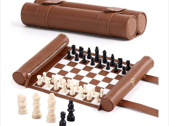 Lot 96-190884 - Roll Up Chess Set - Foldable Leather Chess Mat with Chess Pieces - Portable Travel Chess Set with St...