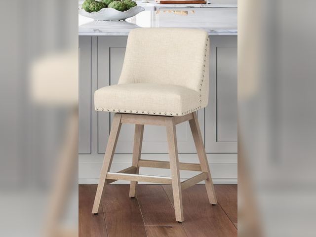 Lot 96-181145 - Beige Counter Stools with Back, Linen Fabric Upholstered Barstools, Solid Wood Legs with Footrest, M...