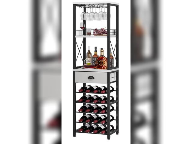 Lot 96-180498 - Homeiju Wine Rack Freestanding Floor, Bar Cabinet for Liquor and Glasses, 4-Tier bar Cabinet with Ta...