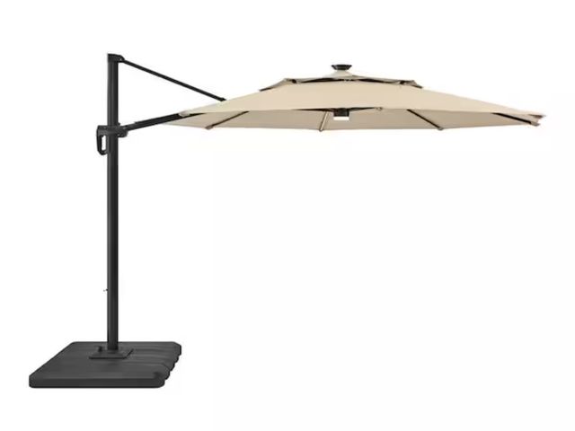 Lot 96-227731 - Hampton Bay 11 ft. Aluminum Cantilever Solar LED Offset Patio Umbrella in Putty Beige MSRP $499 Used