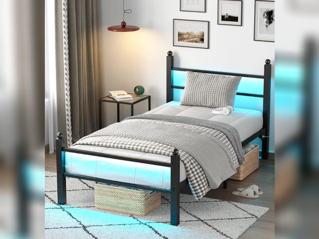 Lot 96-178616 - Twin Bed Frame with Headboard and Footboard, Metal Bed Frame with Charging Station and LED Lights, U...