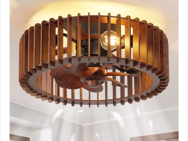 Lot 96-209692 - 20'' Flush Mount Caged Ceiling Fan with Light, Wooden Low Profile Ceiling Fan with Light and Remote,...