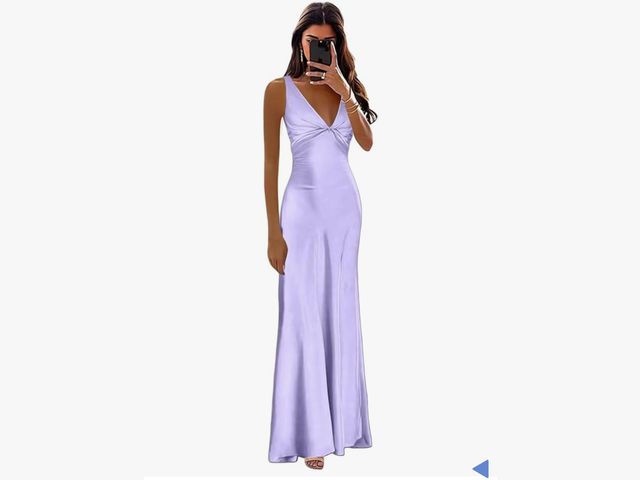 Lot 96-181422 - Women's V Neck Pleated Satin Bridesmaid Dresses Long with Back Bow Mermaid Empire Waist Formal Prom ...