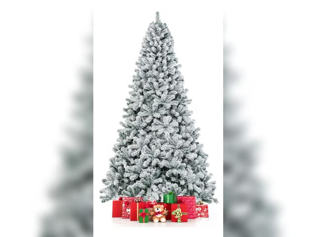 Lot 96-192535 - COSTWAY 9 FT Snow Flocked Christmas Tree, Artificial Holiday Hinged Pine Tree with 1498 Branch Tips,...