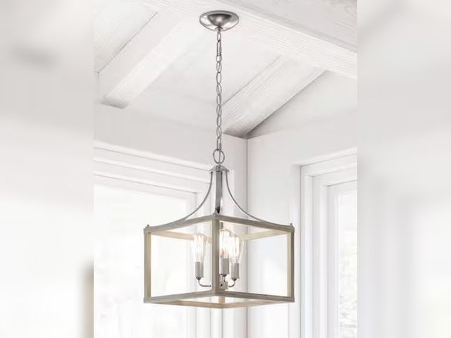 Lot 96-225634 - Hampton Bay
Boswell Quarter 14 in. 3-Light Brushed Nickel Farmhouse Square Chandelier with Painted W...