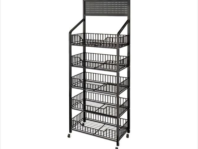 Lot 96-211551 - Snack Rack Display Stand, Free-Standing Black Retail Display Shelves with 12 Hooks &amp; 4 Wheels, L...